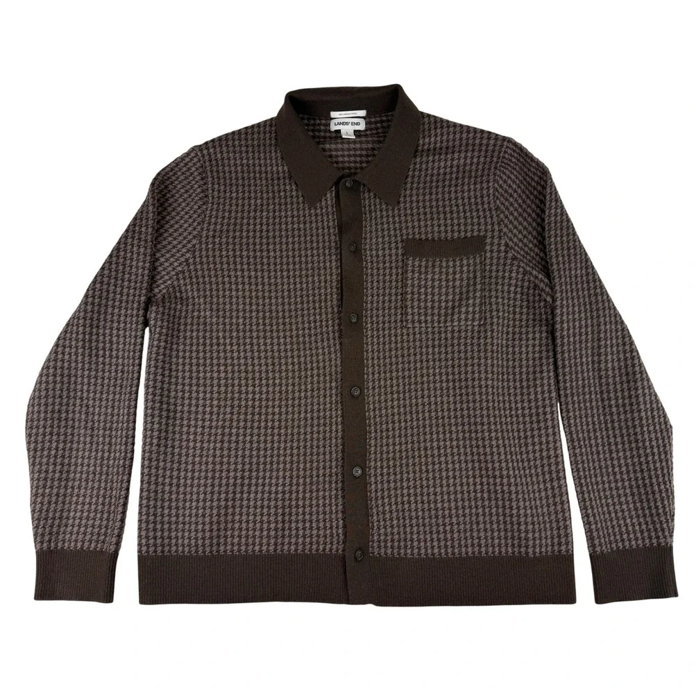Lands' End Cardigan Mens L Brown Houndstooth Merino Wool Button Polo Sweater